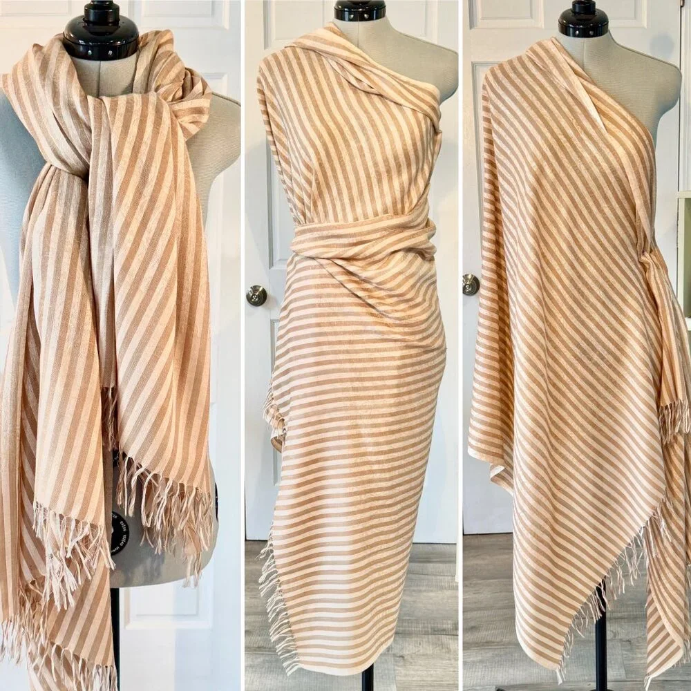 Nazakat 100% Pure Wool Beige and White Striped Shawl with Paisley Detail